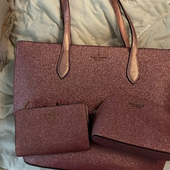 kate spade Metallic Rose Pink Glitter Tote with Wallet & Pouch - Picture 2 of 13